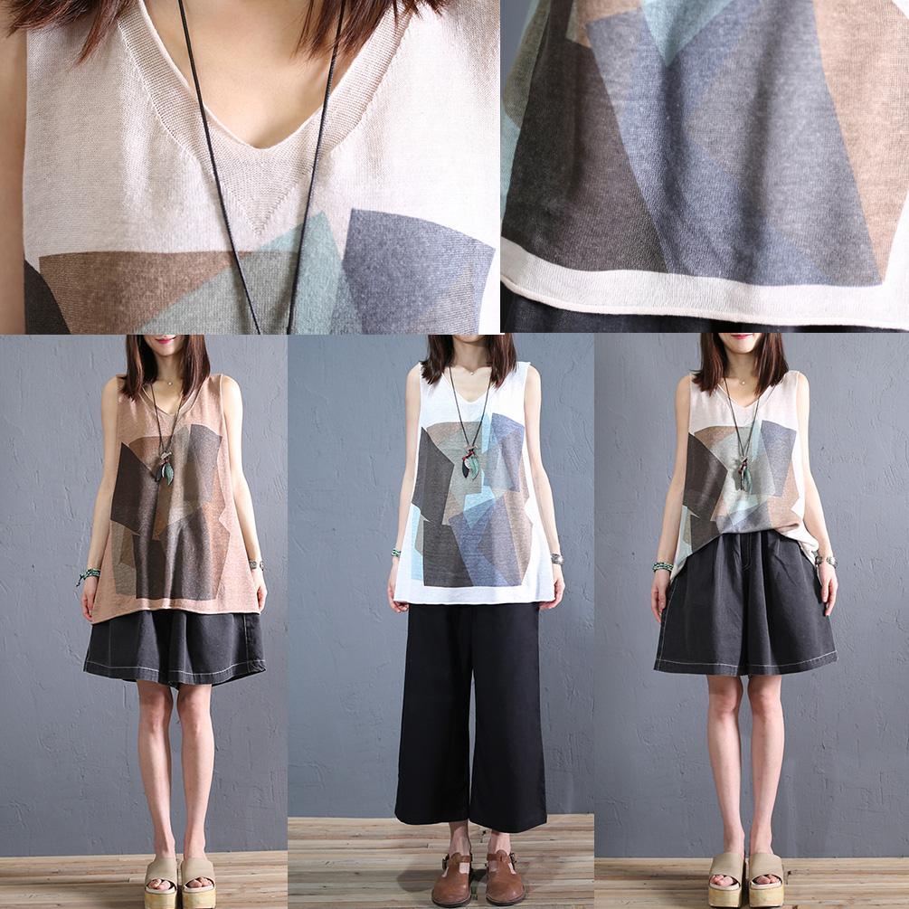 DIY white prints linen top silhouette sleeveless daily summer v neck blouses - Omychic