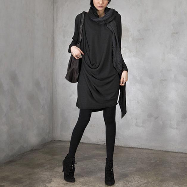 DIY wrinkled Cotton o neck dresses Inspiration black Dress - Omychic