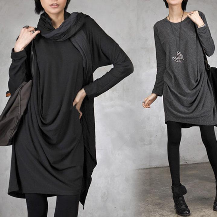 DIY wrinkled Cotton o neck dresses Inspiration black Dress - Omychic