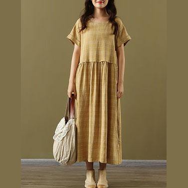 DIY yellow Plaid linen cotton dresses o neck pockets Maxi summer Dresses - Omychic
