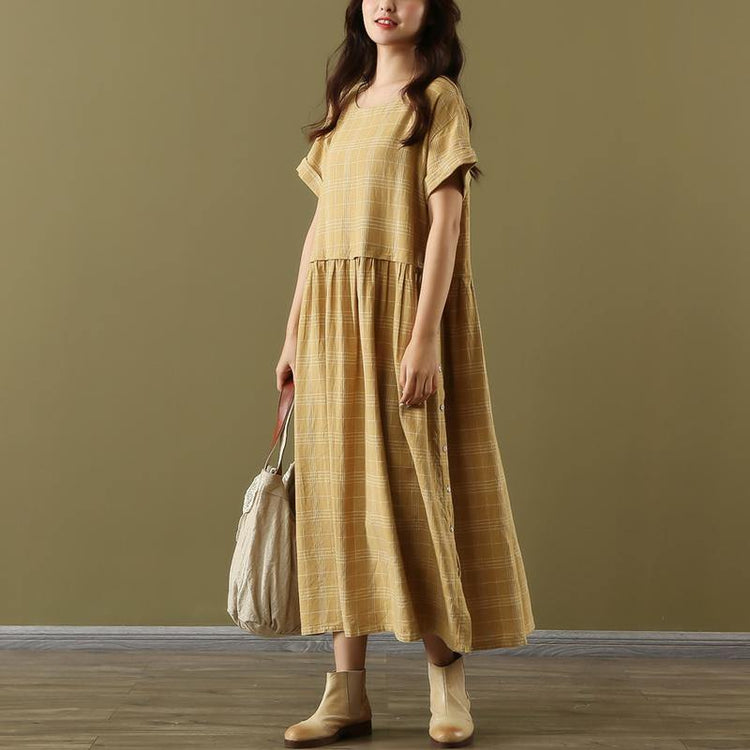 DIY yellow Plaid linen cotton dresses o neck pockets Maxi summer Dresses - Omychic