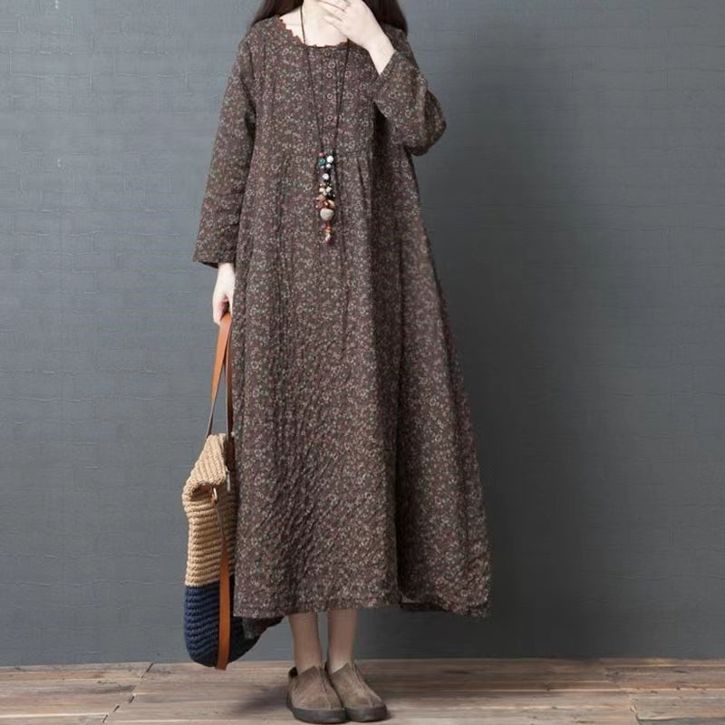 DIY O-Neck Cotton Long Shirts Plus Size Outfits Coffee Maxi Dresses Prints (Limited Stock)