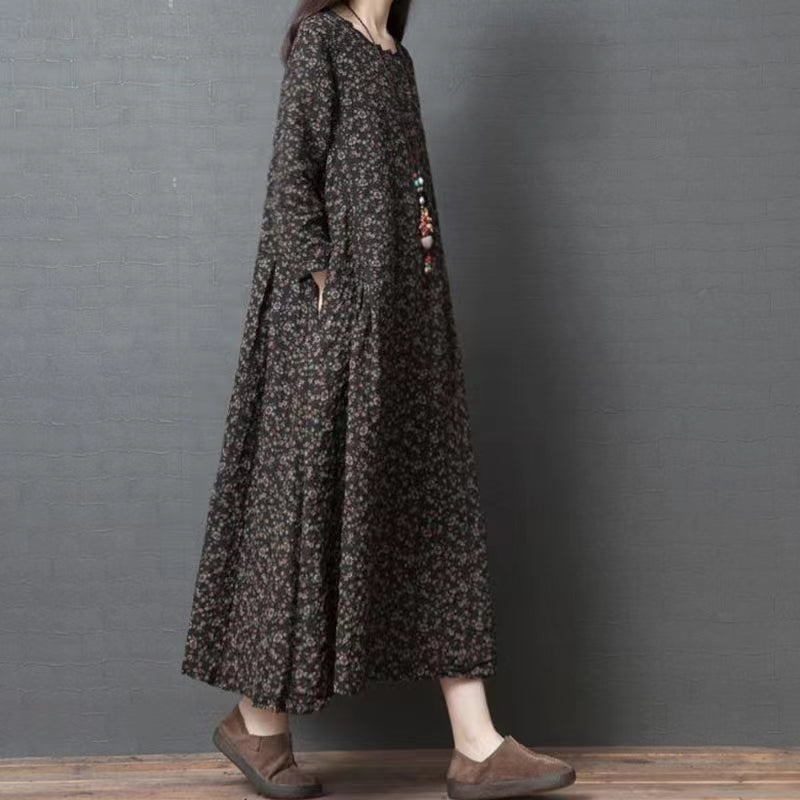 DIY O-Neck Cotton Long Shirts Plus Size Outfits Coffee Maxi Dresses