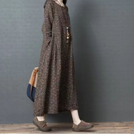 DIY O-Neck Cotton Long Shirts Plus Size Outfits Coffee Maxi Dresses