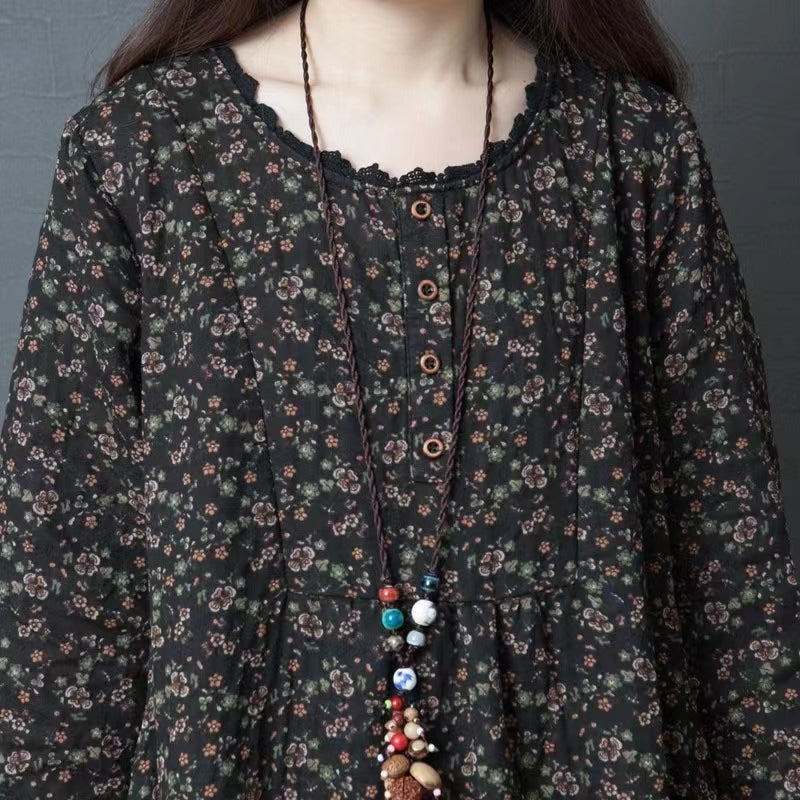 DIY O-Neck Cotton Long Shirts Plus Size Outfits Coffee Maxi Dresses