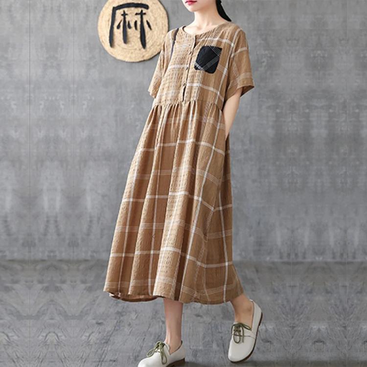 DIY khaki plaid linen Robes o neck pockets Plus Size Clothing summer Dress ( Limited Stock) - Omychic
