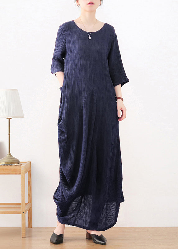 Dark Blue O-Neck Asymmetrical Linen Dress Long Sleeve