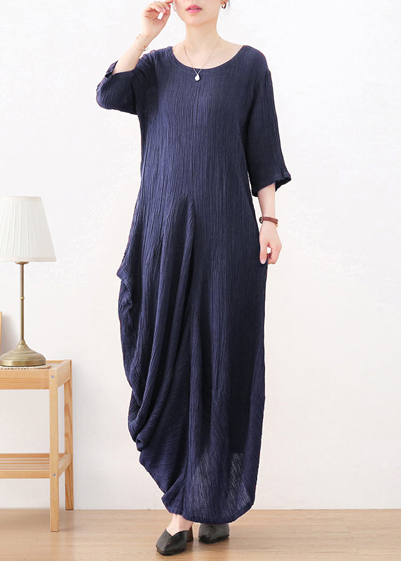 Dark Blue O-Neck Asymmetrical Linen Dress Long Sleeve