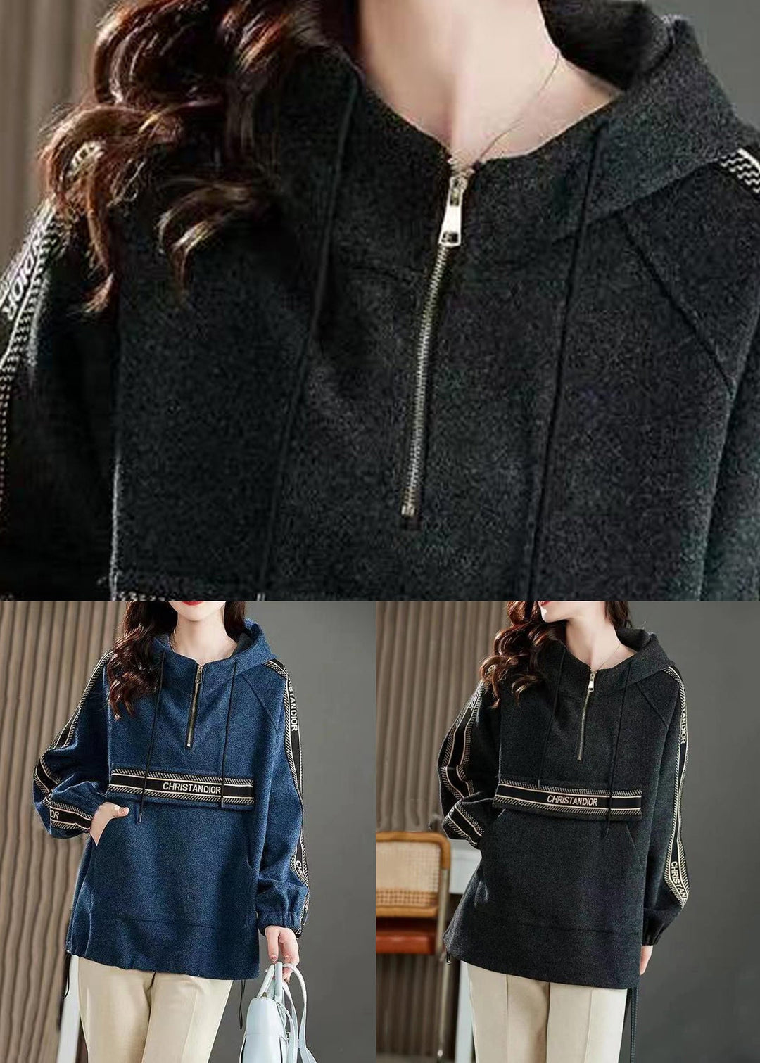 Dark Grey  Drawstring Patchwork Cotton Sweatshirt Zip Up Fall