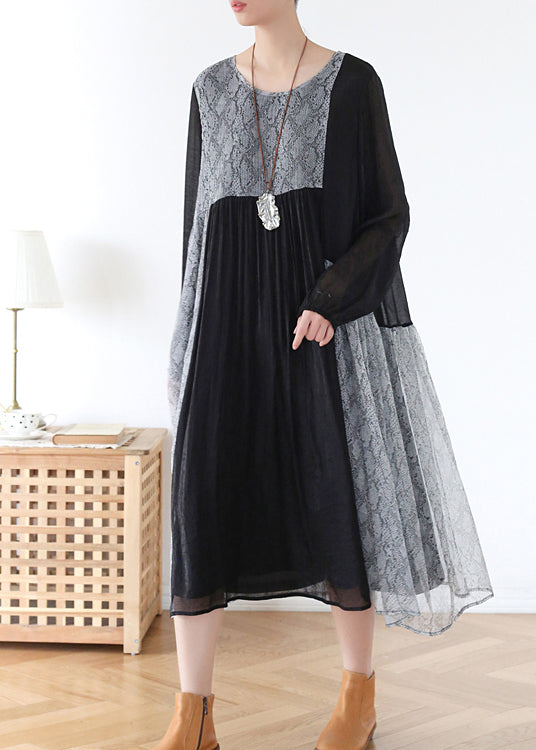 Dark Grey Loose Chiffon Long Dress Wrinkled Asymmetrical Long Sleeve