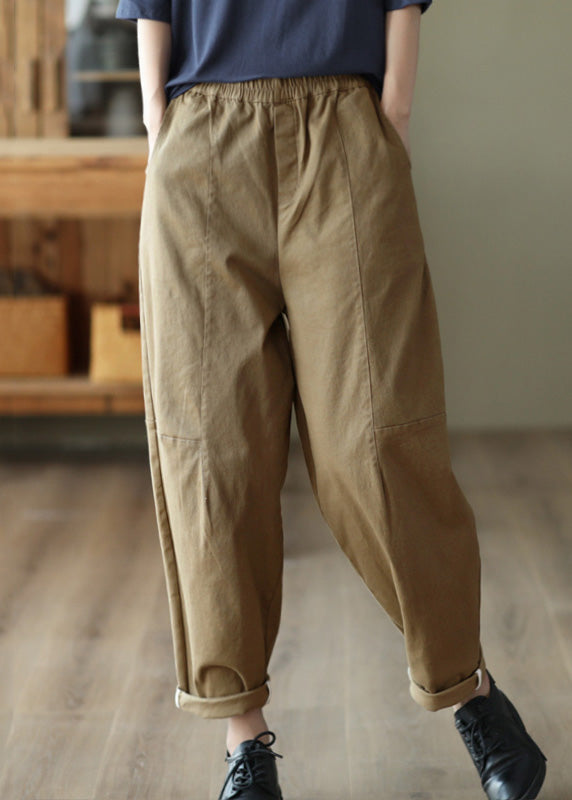 Dark Khaki Solid Elastic Waist Cotton Harem Pants