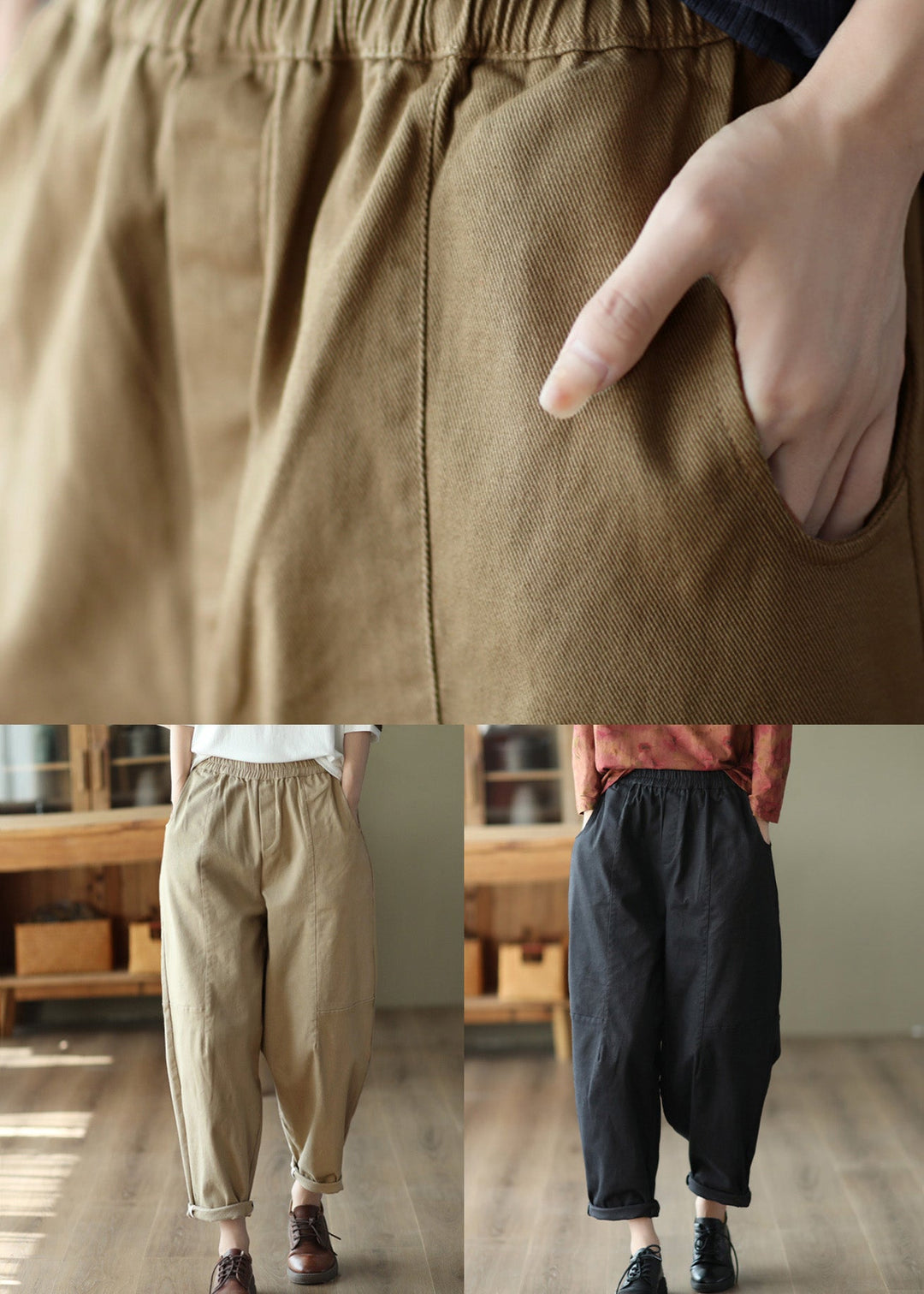 Dark Khaki Solid Elastic Waist Cotton Harem Pants