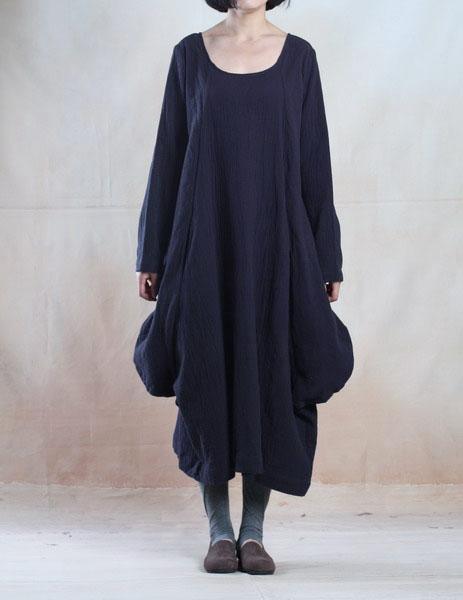 Dark blue Baggy oversize linen dress long maxi dresses linen - Omychic