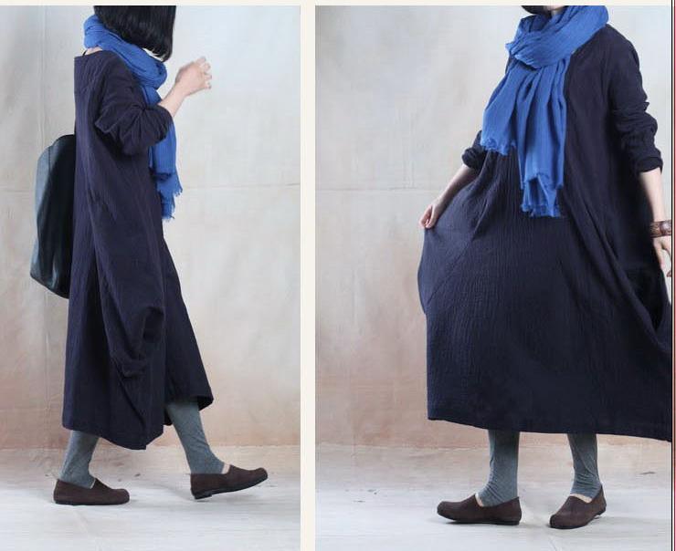 Dark blue Baggy oversize linen dress long maxi dresses linen - Omychic