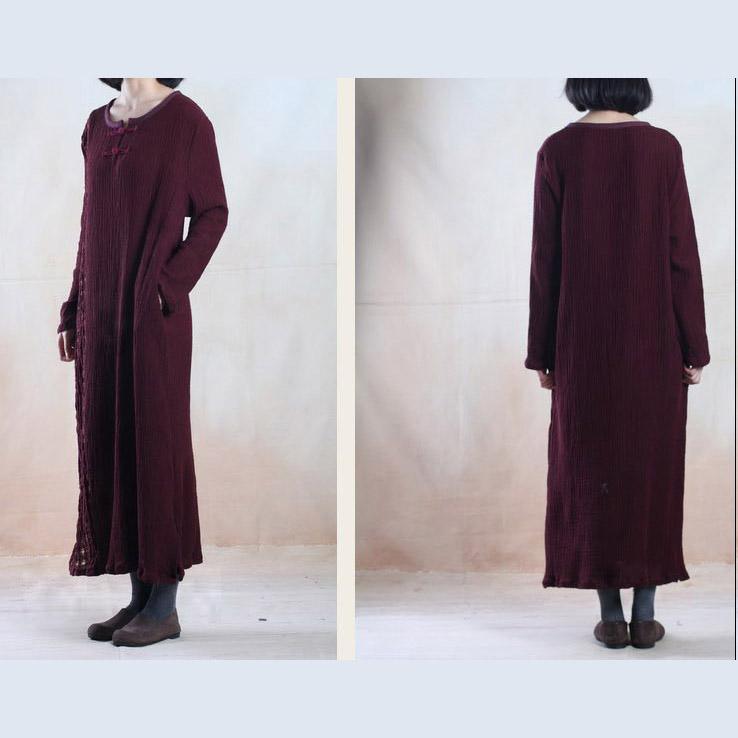 Dark burgundy pleated linen maxi dress long sleeve long dresses - Omychic