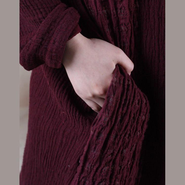 Dark burgundy pleated linen maxi dress long sleeve long dresses - Omychic