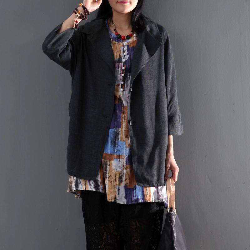Dark gray cotton half sleeve women coat plus size cardigan trench coat - Omychic