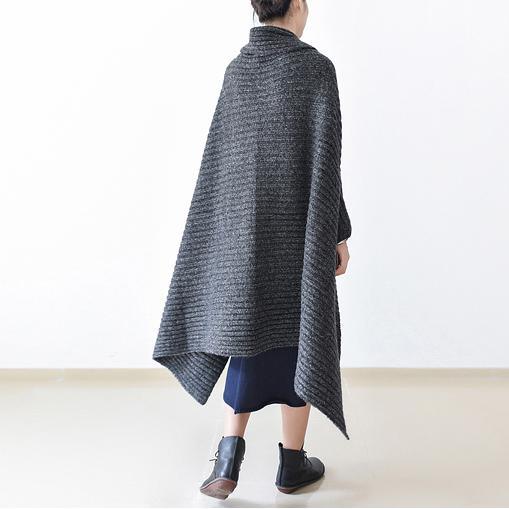Dark gray oversize cape jacket long knit outwear loose casual woolen sweaters - Omychic