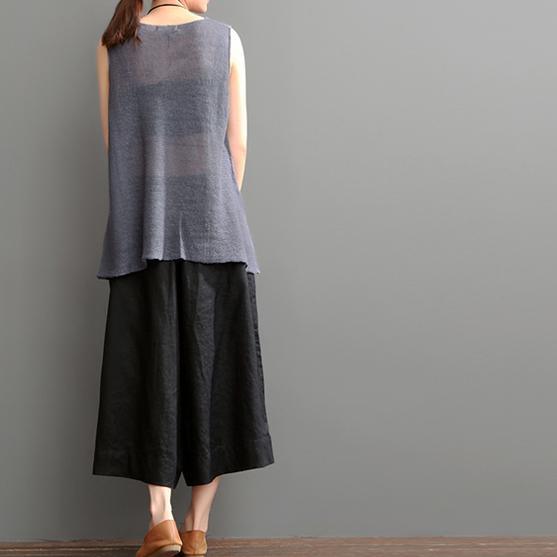 Dark gray sleeveless linen top tank summer women shirt - Omychic