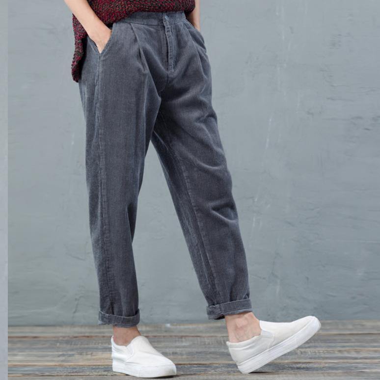 Dark gray women corduroy pants plus size crop straight pants casual style - Omychic