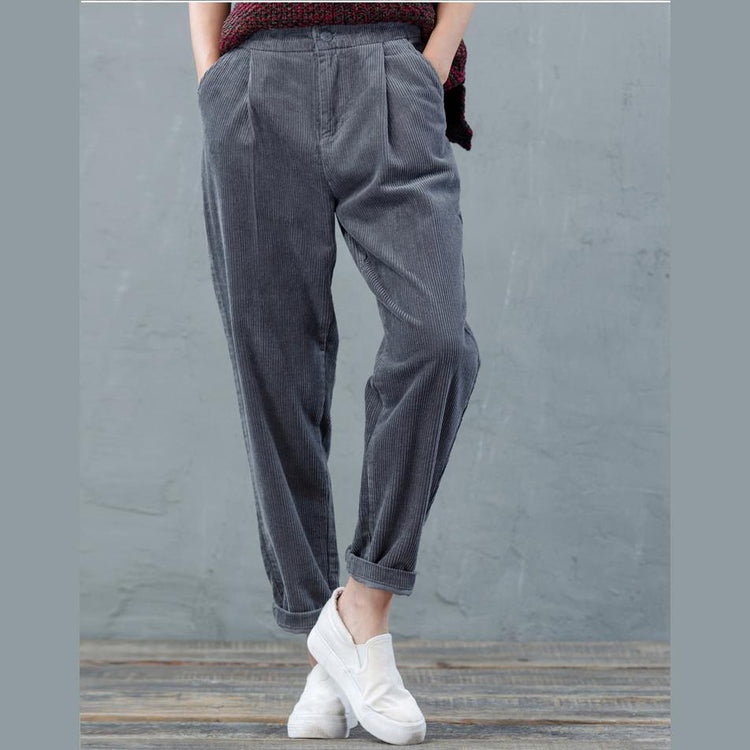 Dark gray women corduroy pants plus size crop straight pants casual style - Omychic