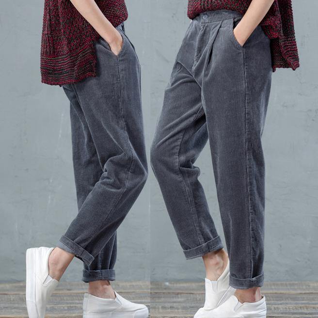 Dark gray women corduroy pants plus size crop straight pants casual style - Omychic