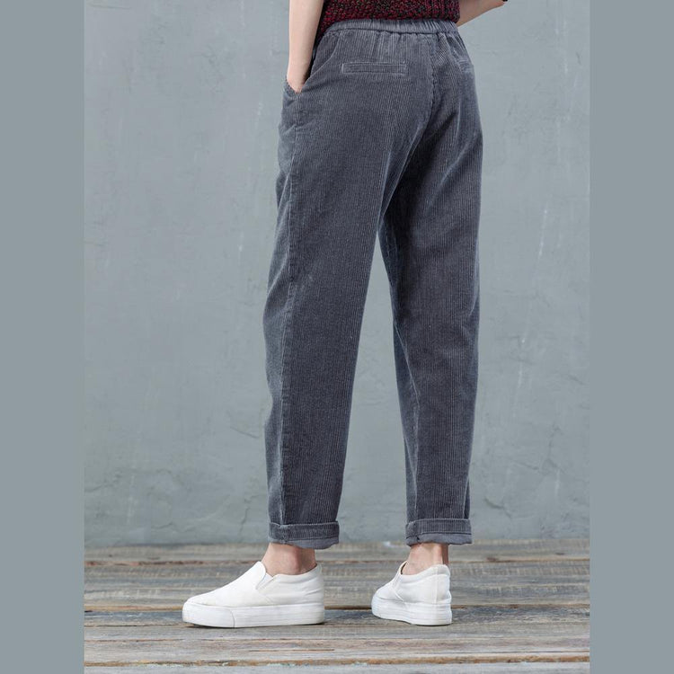 Dark gray women corduroy pants plus size crop straight pants casual style - Omychic