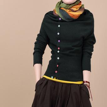 Dark green Woolen sweater with buttons - Omychic