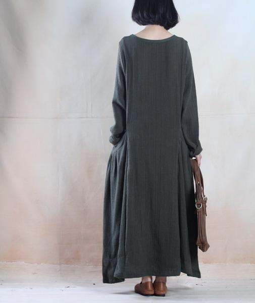 Dark green long linen dress maxis floor length spring dress gown - Omychic