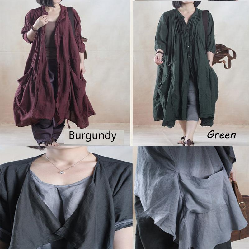 Dark Green Oversize Summer Linen Cardign Coat Long Women Coat Linen Sundress - Omychic