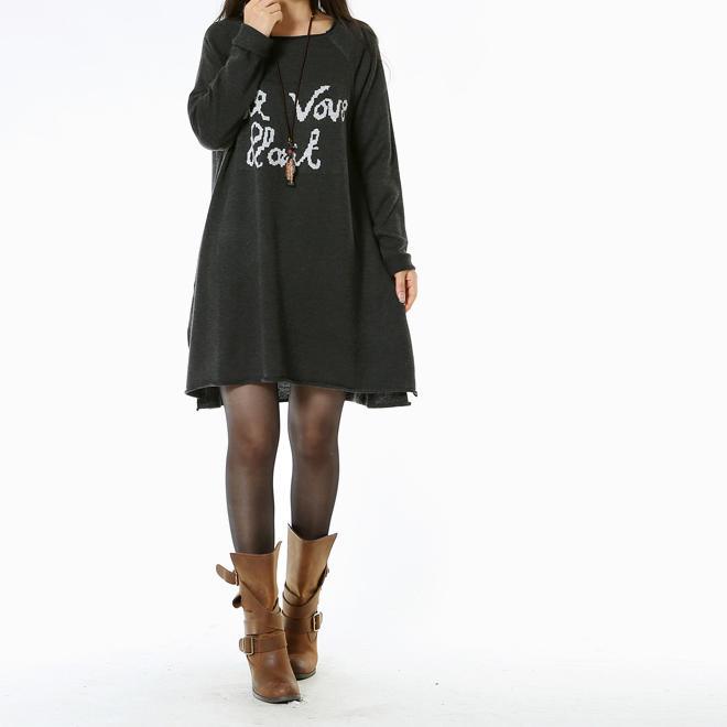 Dark grey knitted sweater dresses looose style - Omychic