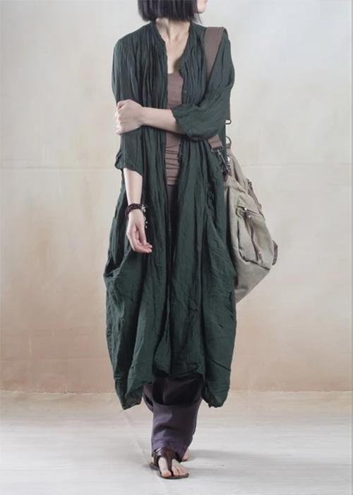 Dark Green Oversize Summer Linen Cardign Coat Long Women Coat Linen Sundress - Omychic