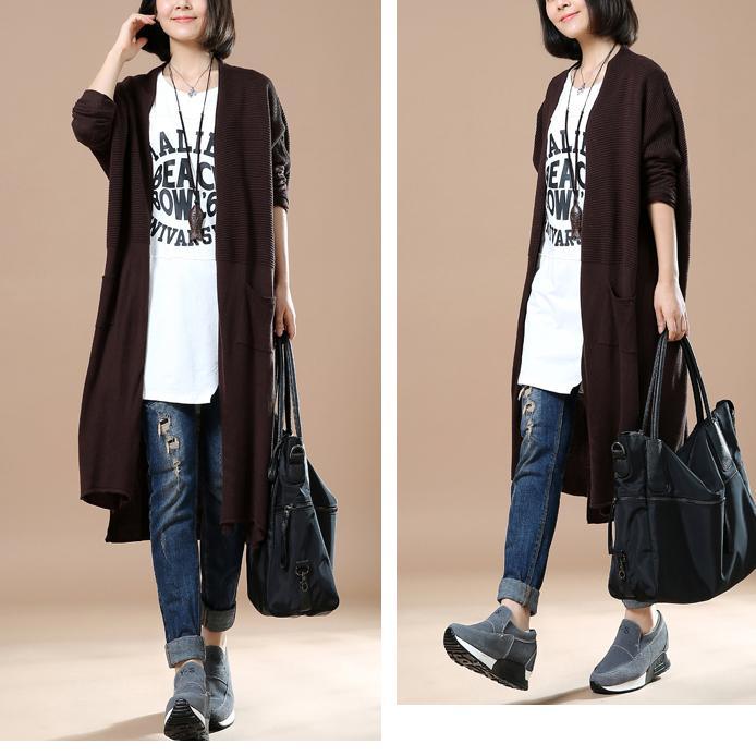 Deep brown long knit coats oversize cardigans - Omychic