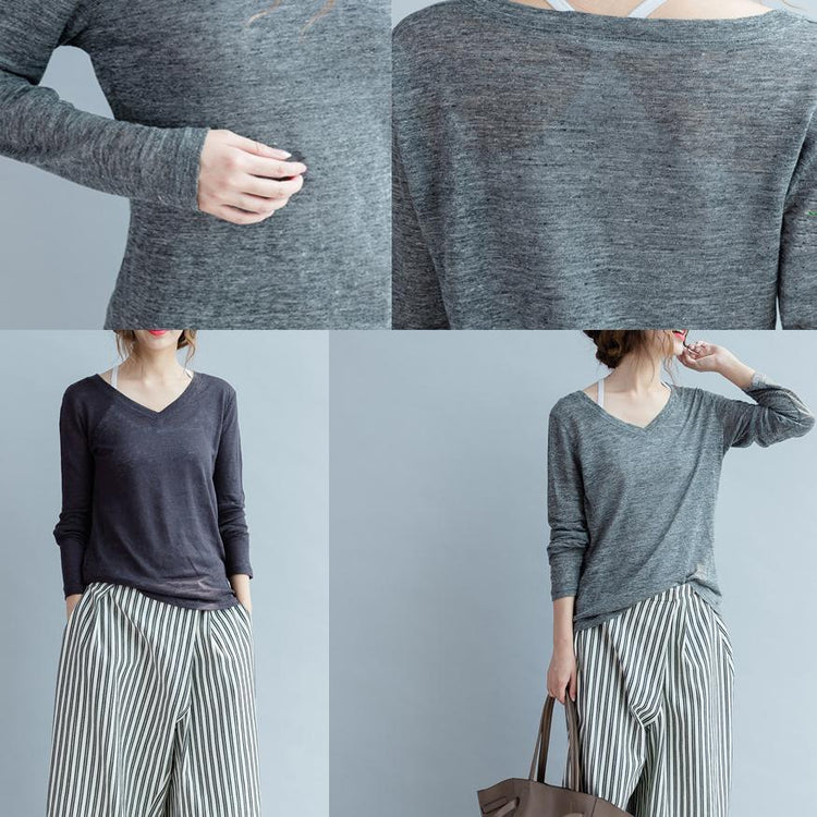 Deep gray linen shirt V neck womens long sleeve knit top pullover t shirts - Omychic