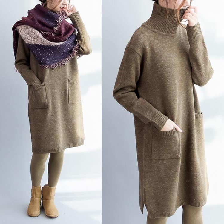Deep khaki knit sweater dress oversize knitted dresses long sleeve cotton sweaters - Omychic