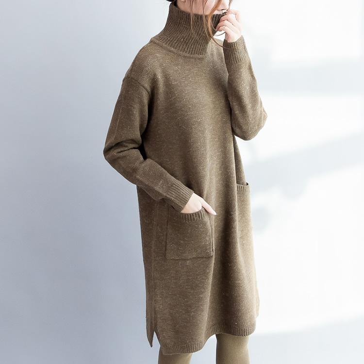 Deep khaki knit sweater dress oversize knitted dresses long sleeve cotton sweaters - Omychic