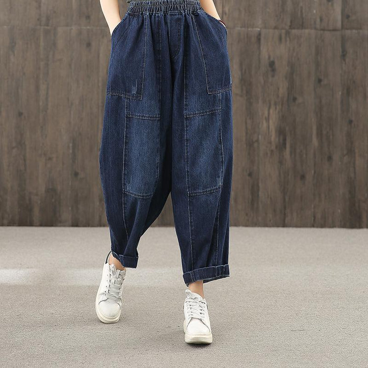 Denim blue autumn elastic waist casual trousers - Omychic