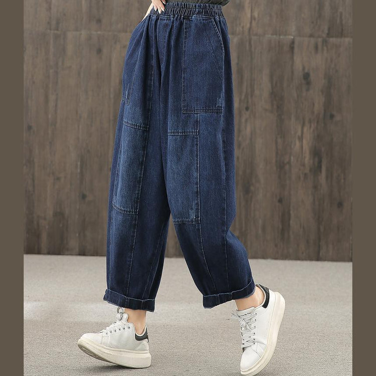 Denim blue autumn elastic waist casual trousers - Omychic