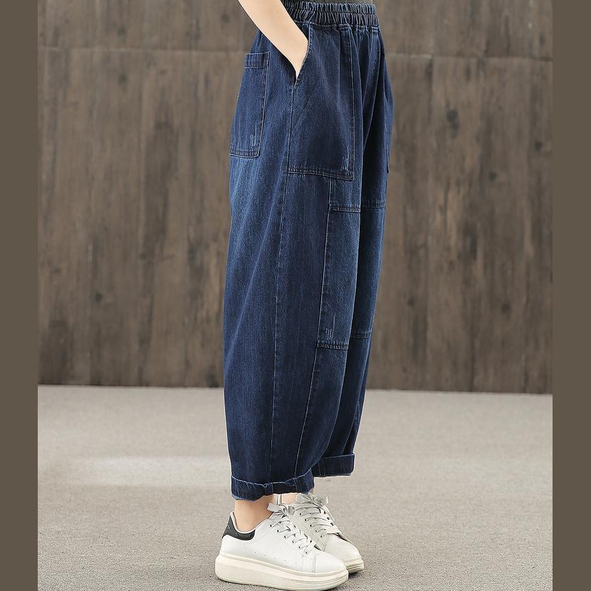 Denim blue autumn elastic waist casual trousers - Omychic
