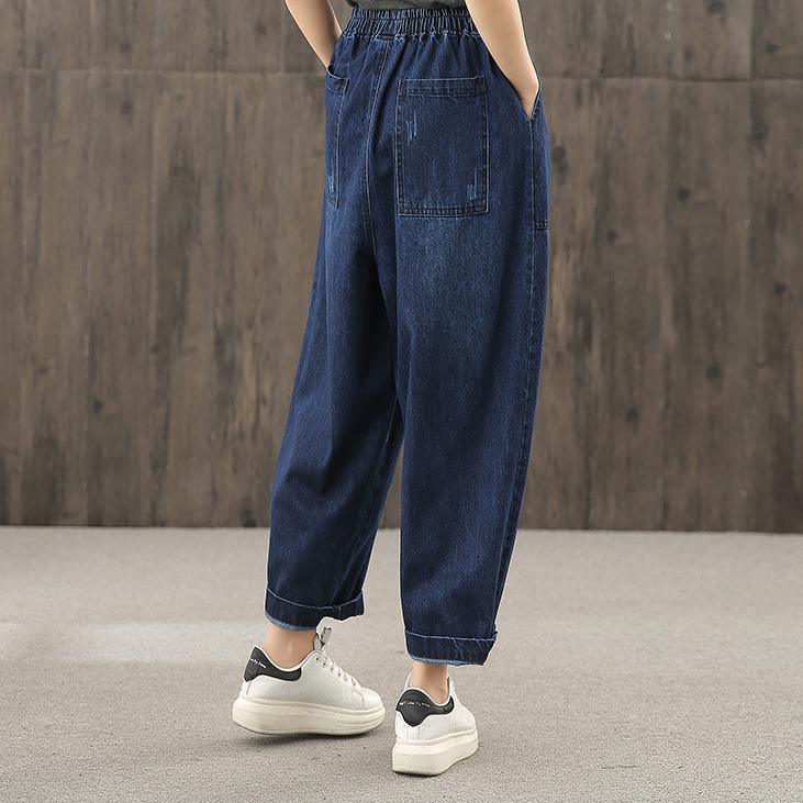 Denim blue autumn elastic waist casual trousers - Omychic