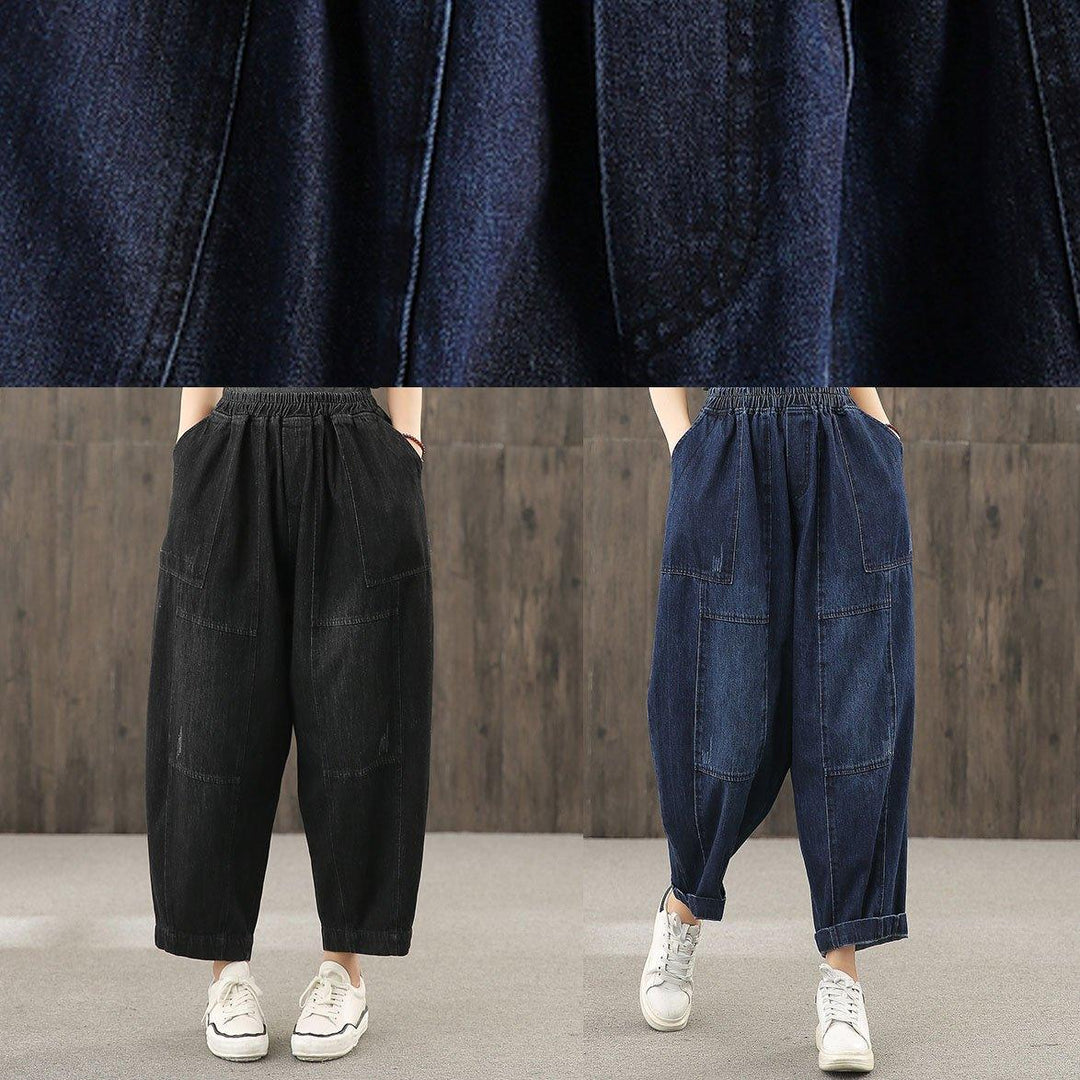 Denim blue autumn elastic waist casual trousers - Omychic