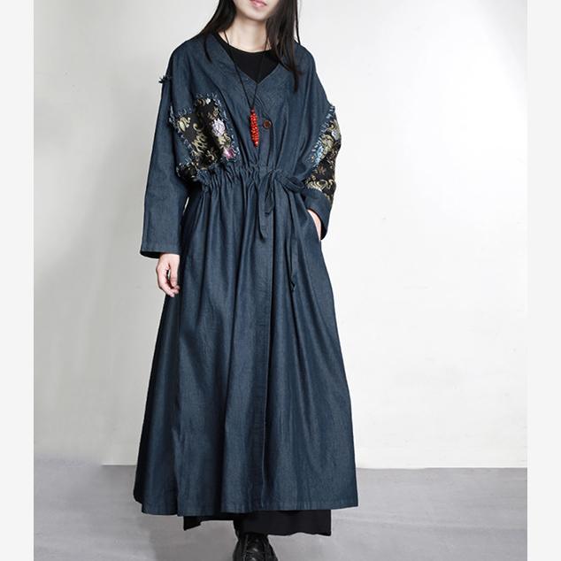 Denim blue winter prints patchwork cotton trench coat dresses plus size drawstring slim maxi caftans - Omychic