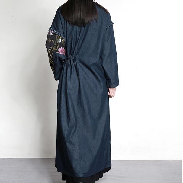 Denim blue winter prints patchwork cotton trench coat dresses plus size drawstring slim maxi caftans - Omychic