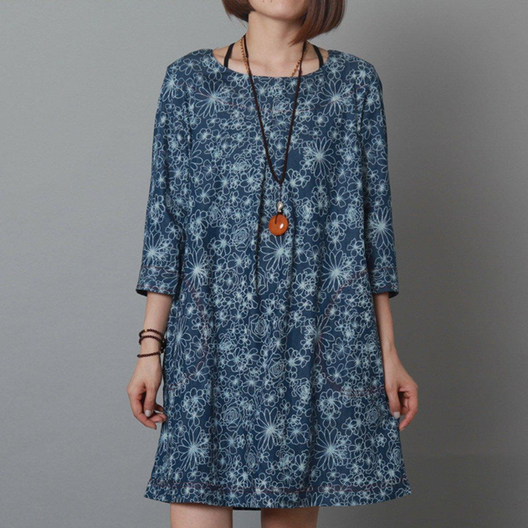 Denium blue floral cotton sundress oversize summer shift dress shirt - Omychic