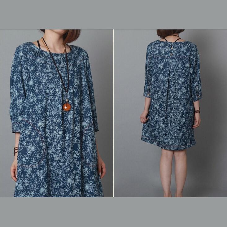 Denium blue floral cotton sundress oversize summer shift dress shirt - Omychic