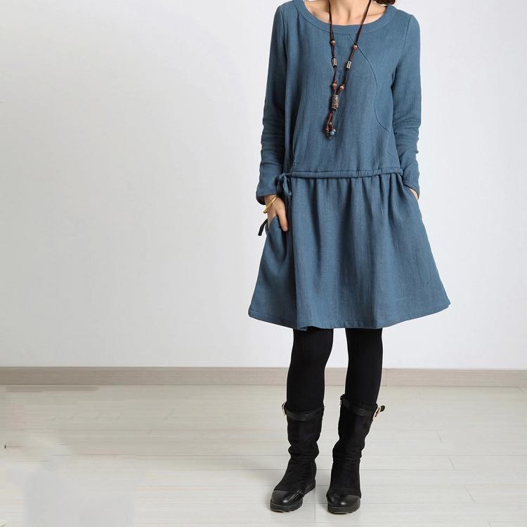 Denium blue long sleeve fit flare dress oversize spring dress - Omychic