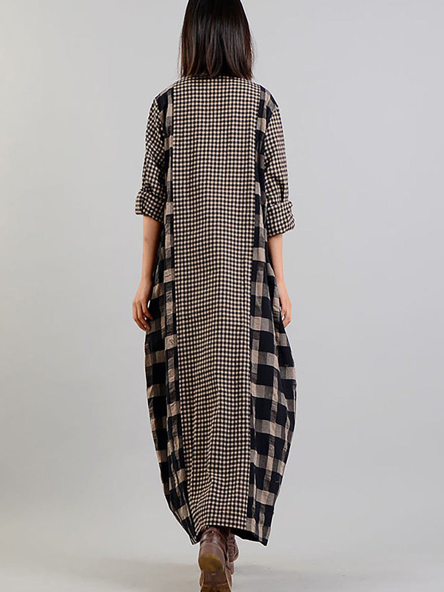 Plus Size Plaid V Neck Retro Cotton Linen Dress