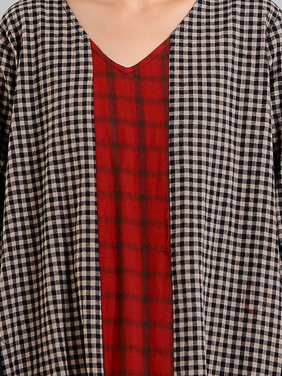 Plus Size Plaid V Neck Retro Cotton Linen Dress