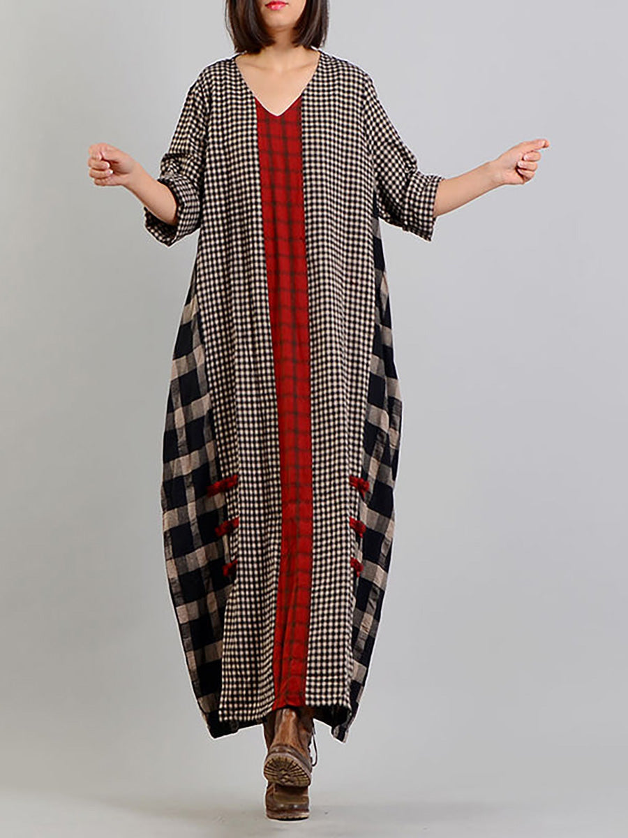 Plus Size Plaid V Neck Retro Cotton Linen Dress