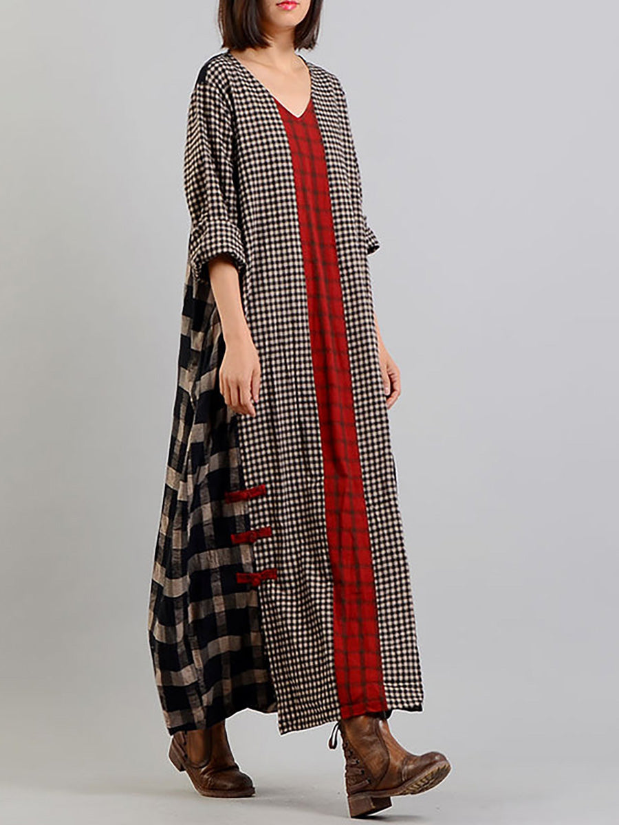 Plus Size Plaid V Neck Retro Cotton Linen Dress